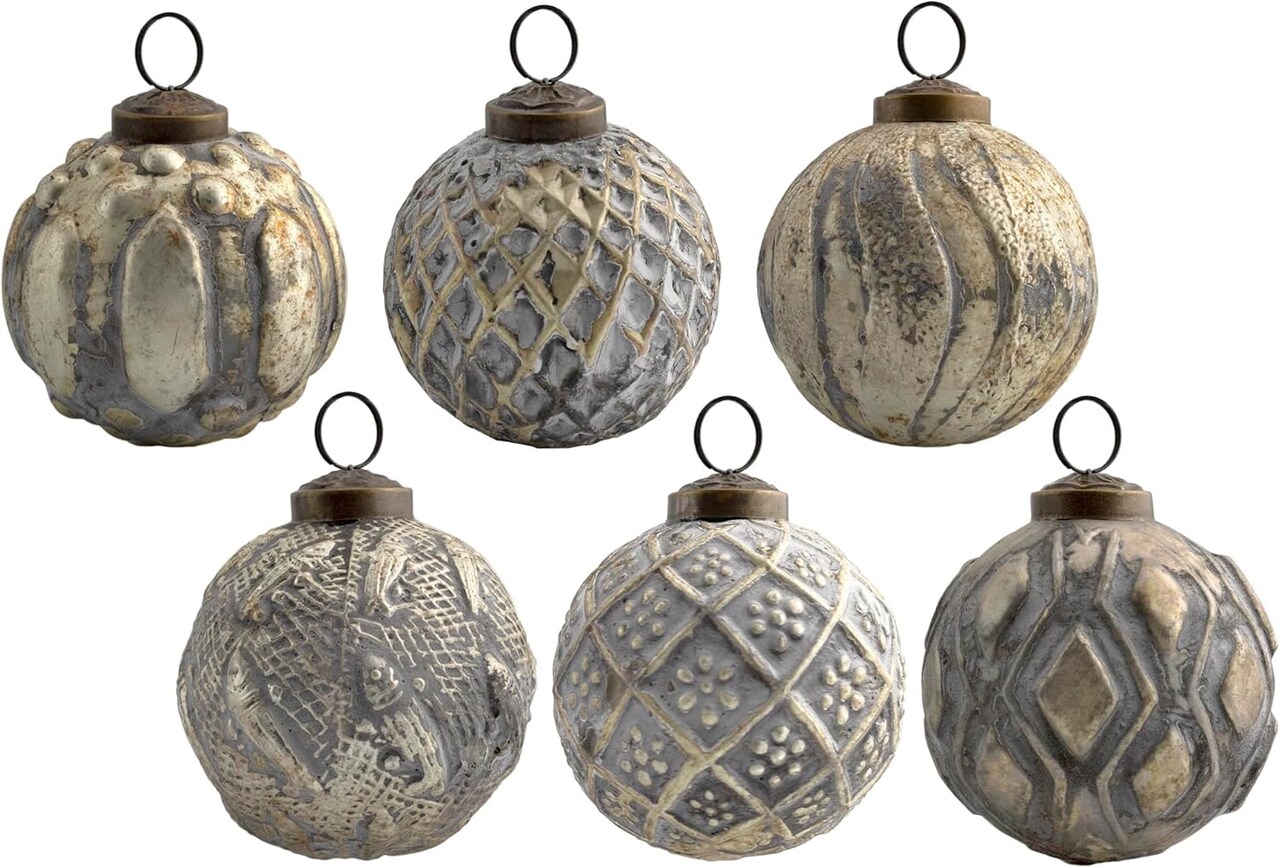 Farmhouse Ball Ornaments (Set of 6, Gold/Silver); Distressed Metal Glass Ball Vintage Style Christmas Decorations